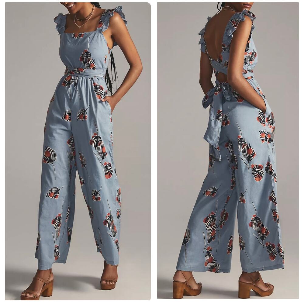 Light Blue Floral Ruffle-Strap Jumpsuit